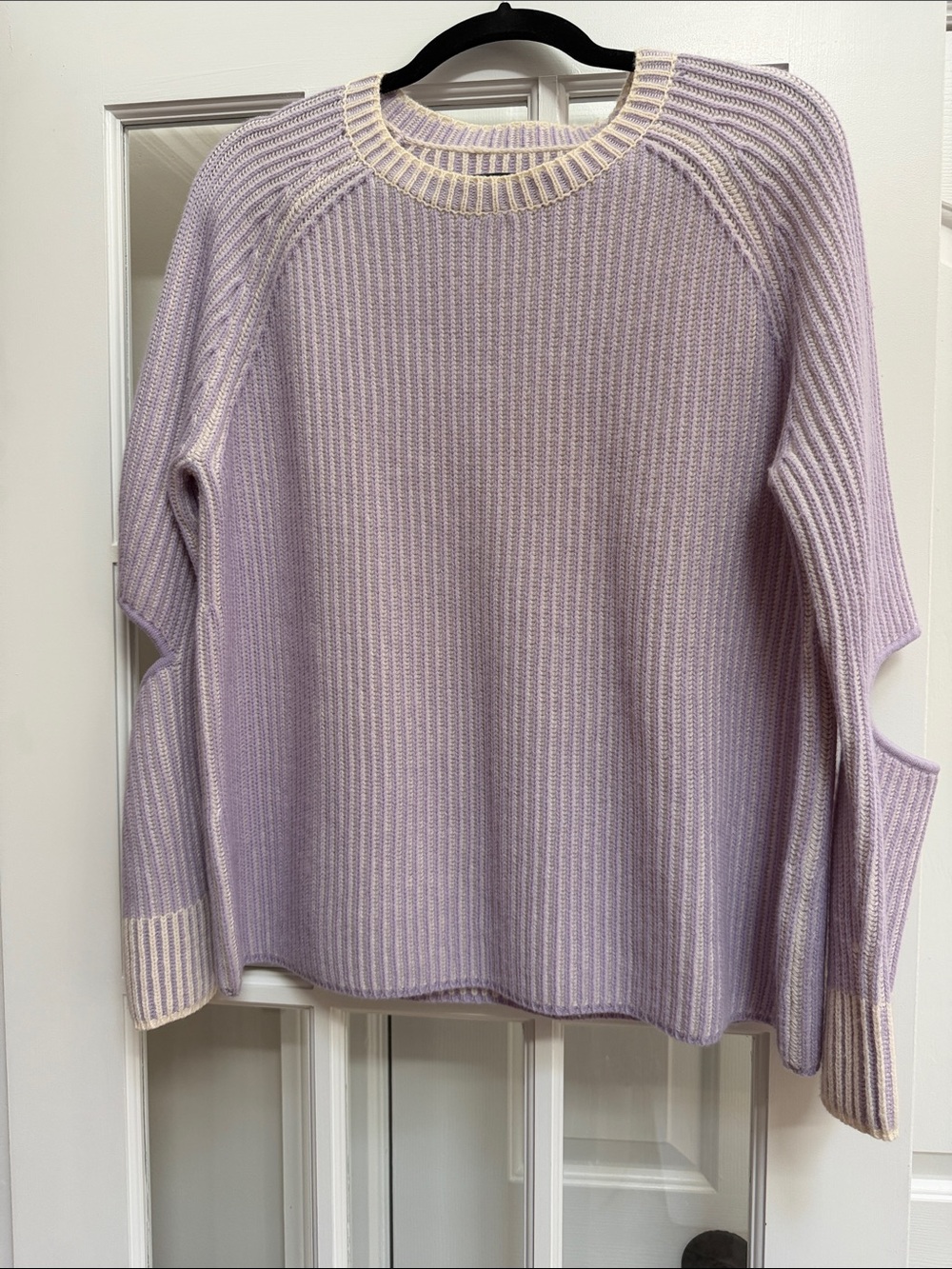 ZOË JORDAN Lavender and Cream Ribbed Crewneck Sweater with Elbow Cut Outs- Women